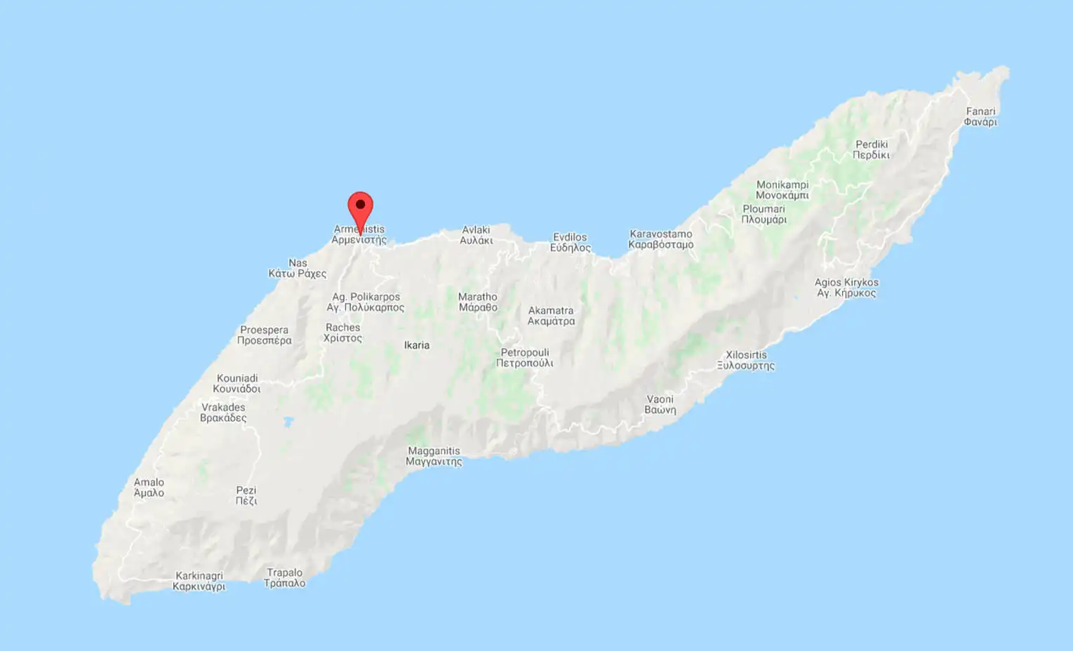 Χάρτης της Ικαρίας με σημάδι στον Αρμενιστή, το χωριό στη βόρεια ακτή όπου βρίσκεται η πανσιόν Πεύκα